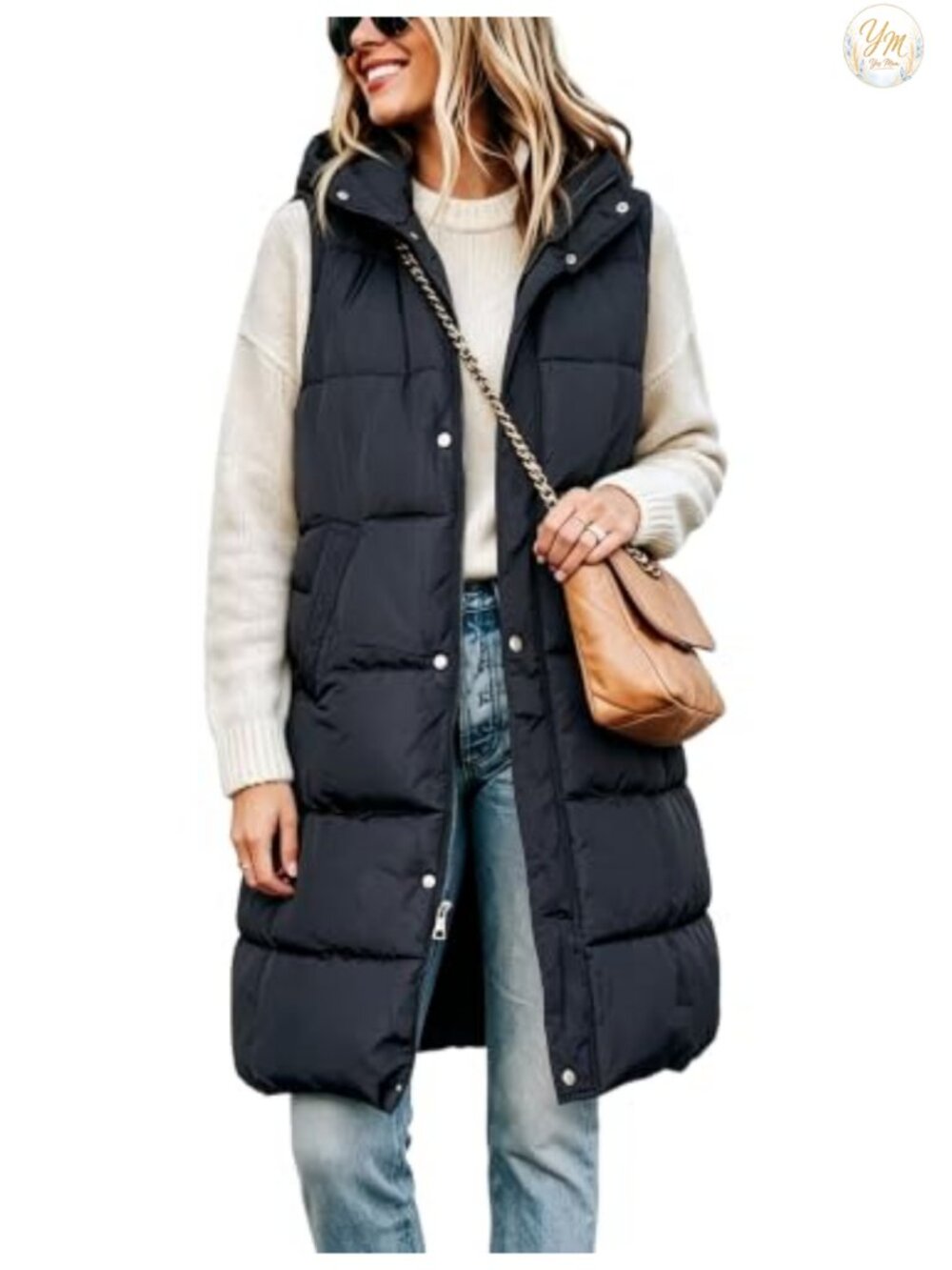 Long Puffer Vest Women Detachable Hood Sleeveless Down-Alternative Quilted